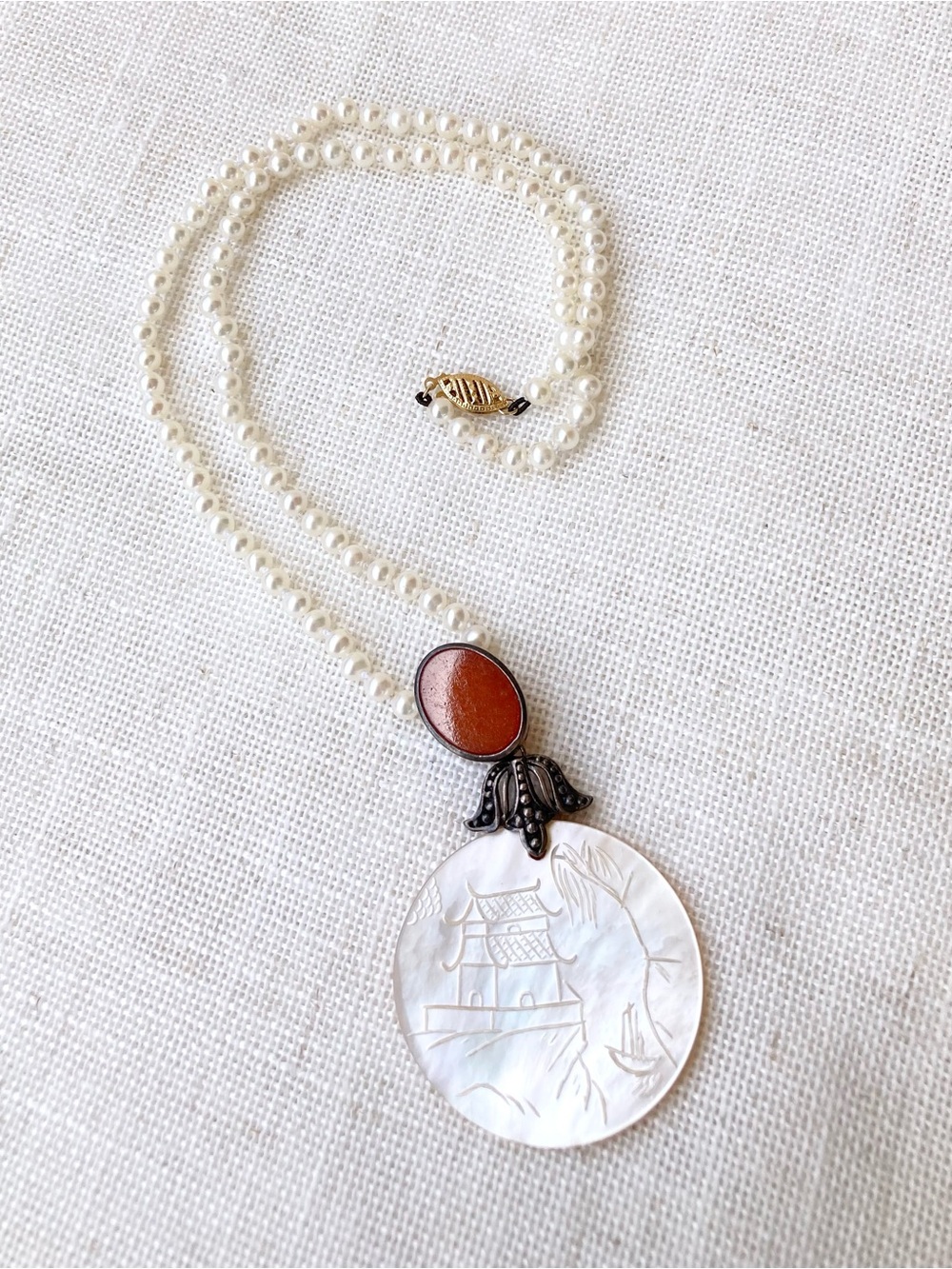 Vintage freshwater pearl and mother of pearl carved oriental shell neckace
